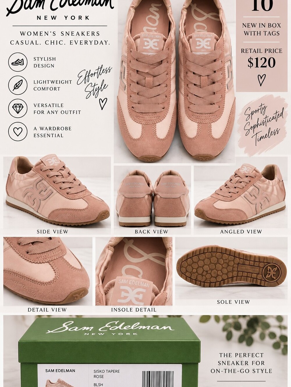 NIB Sam Edelman Women's Rose Pink Suede & Fabric Sneakers